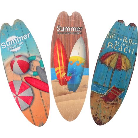 Lot de 3 Panneaux Décoratifs en Bois Forme Planche de Surf, Décoration Murale Plage, Motifs Vintage Colorés, Légers et Solide, pour Bar, Salle de Bain ou Maison de Bord de Mer (1/5)