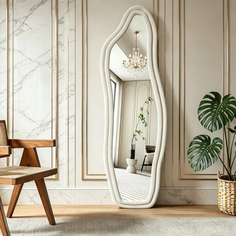 Miroir sur Pied - 160x50cm - Cadre Velours, miroir mural Irrégulier, Miroir Psyché Pleine Longueur Incassable - Blanc
