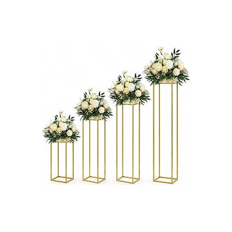 Lot de 4 supports de fleurs en métal - Vase de sol - Colonne géométrique - Présentoir rectangulaire - Pour décoration de fête de mariage (1/5)