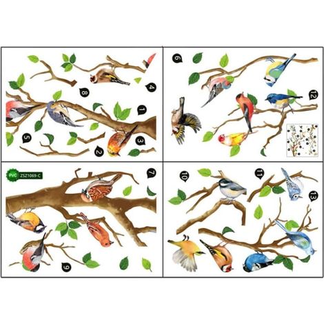 4 Feuilles Sticker Mural Oiseaux Branche en Pvc Autocollant Facile à Utiliser et Amovible pour Décoration Murale Maison, Porte en Verre ou Placard (1/5)