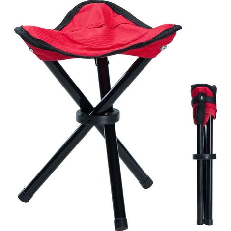 Petit tabouret d'extérieur portable pliable en toile à 3 pieds pour randonnée, camping, pêche, pique-nique, plage, barbecue, voyage, jardin (rouge) (1/5)