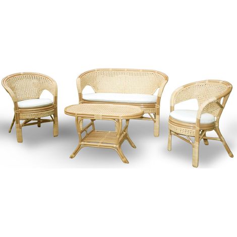 Salón Amanda con 1 sofá, 2 sillones, 1 mesa de mimbre