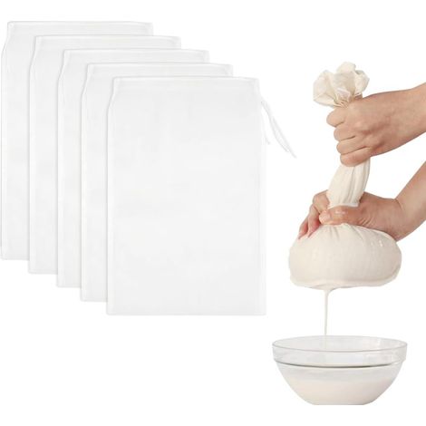5 pièces sac à lait végétal en nylon réutilisable, finement tissé, lavable, avec cordon, filtre pour thé, jus, café et noix (20 x 30 (1/5)