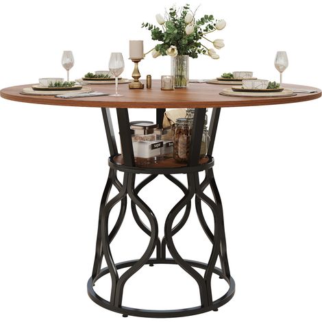 Table à manger ronde 4 à 6 places avec tablette de rangement, plateau en MDF effet bois foncé et piètement métal, pieds réglables pour cuisine et petit espace  CHICFURN (1/5)