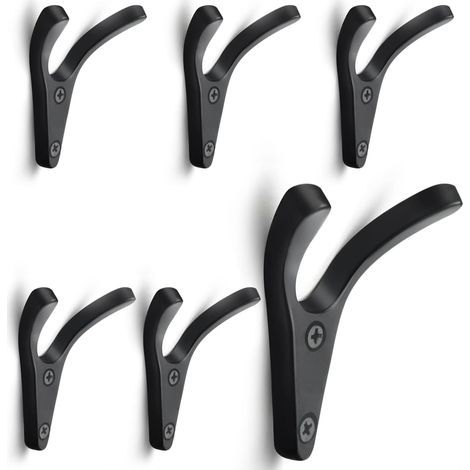 6 Pieces Double Wall-Mounted Coat Hooks, Minimalist Sturdy Zinc Alloy Wall Hooks, Coat Rack for Entryway, Bedroom, Bathroom, Multi-Purpose Hooks, Screws Included - Black (1/4)