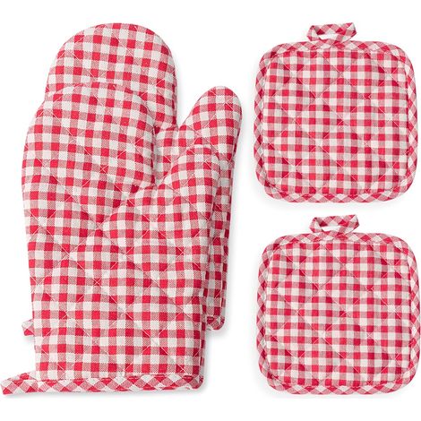 4 pièces Gants de cuisine à carreaux rouges, ensemble de gants en tissu résistants à la chaleur pour cuisson et pâtisserie, adaptés pour le grillage (Motif carreaux rouges, 4 pièces) (1/4)