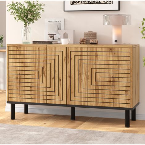 Buffet 120 cm avec 3 portes push-open, 6 compartiments, motif ondulé, MDF et panneaux de particules, 120x35x68 cm, bois naturel (1/5)