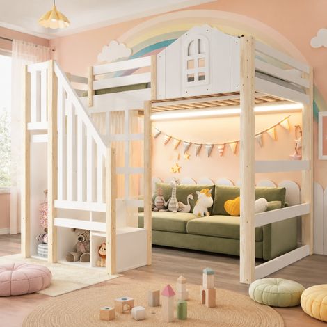 DESMIU Lit mezzanine enfant 140 × 200 cm 2 places avec LED, échelle de rangement et voile, sans matelas (1/5)
