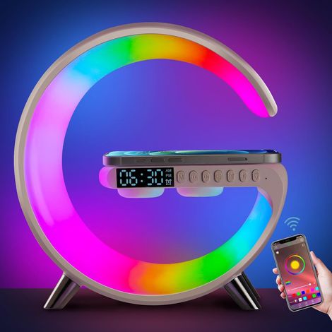 Réveil Bluetooth Haut-Parleur Radio Lampe Lumière Réveil Douce Charge Rapide Sans Fil Machine à Sons Tableau de Nuit pour Enfants Adultes Décoration Cadeau Noir (1/5)