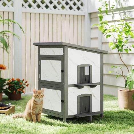Niche d'extérieur pour chat, en bois, avec plusieurs entrées et fenêtres, étanche, 60 x 60 x 88 cm, blanche
