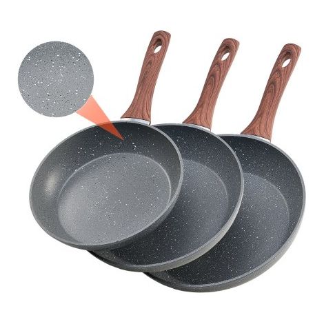 Sartén de Aluminio para Huevos, Juego de 3 Piezas 250, 280 y 325 mm, Antiadherente, Resistente y con Mango Resistente al Calor, para Cocina de Chef, para Gas, Eléctrica e Inducción, Gris (1/5)