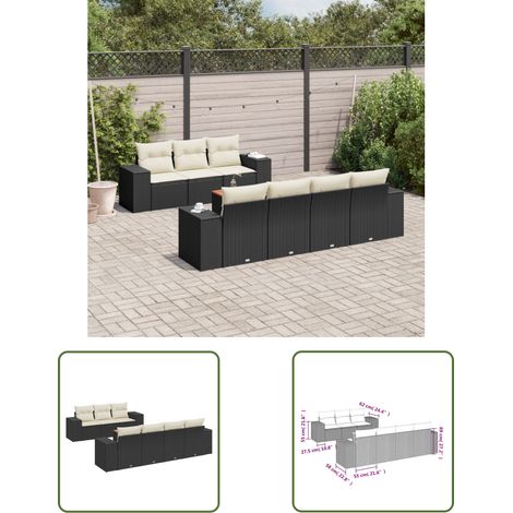 The Living Store Salon de jardin 8 pcs avec coussins noir résine tressée - Ensemble Salon De Jardin - Meuble Extérieur - Résine Tressée - Rotin Synthétique - Fauteuil Jardin (1/3)