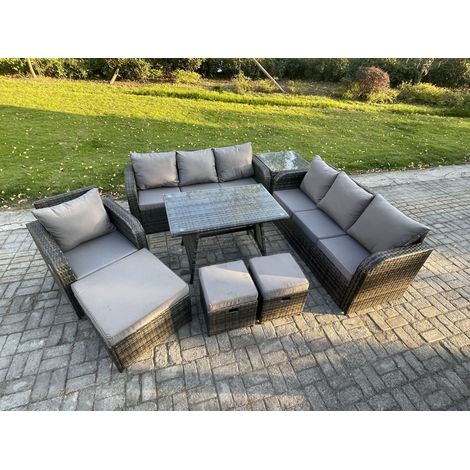 Fimous Wicker 8 Stücke Polyrattan Gartenmöbel set mit Rechteckiger Esstisch Sessel 3 Hockern Beistelltisch Dunkelgrau Gemischt (1/5)