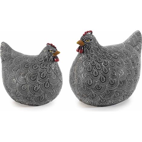 Petites poules décoratives en résine colorée à décors gravés, par deux, grande : 19,5x14,5x16,5 cm (H.)