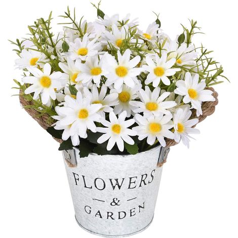 Daisy Artificiel - Pot Métallique - Décoration Centre de Table Mariage Bureau Café Jardin - Blanc ou Jaune - 1 Pièce (1/5)