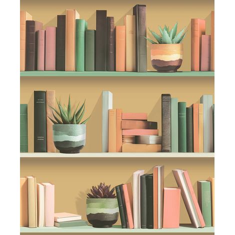Papier peint étagères livres fond beige chaleureux (1/3)