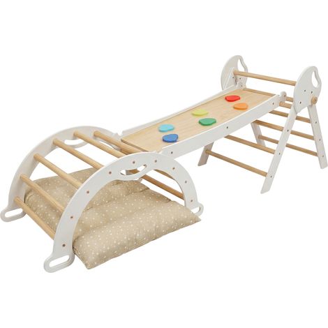 DEKKO 8 in 1 Triangle Climbing Set Kids Wooden Climber with Arch Slide White (1/5)