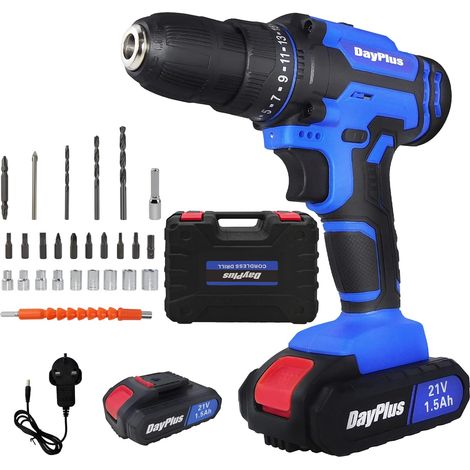 Perceuse-visseuse portative sans fil, 21 V pour percer du métal/mur/bois, 1500 mAh, 45 Nm, réglage de couple 25 + 1, 2 vitesses, lumière LED (1/5)