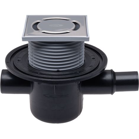 Pozzetto pavimento DN50, portagriglia 123x123mm, griglia inox 115x115mm, antiriflusso, entrata DN40/50