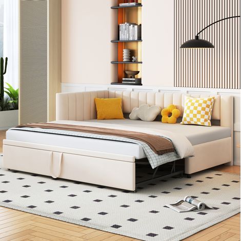 Letto con letto aggiuntivo bambini 90/180x200 cm, in velluto, senza materasso, beige (1/5)