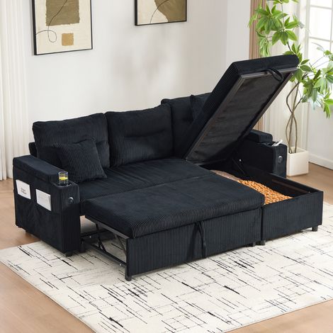 Divano letto 3 posti in velluto a coste nero con chaise longue contenitore e USB-C (1/5)