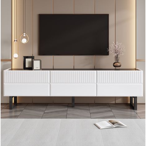 Mueble TV (170x35x47 cm), con cajones, acabado brillante, patas de hierro, MDF y tablero de partículas, negro y blanco (1/5)