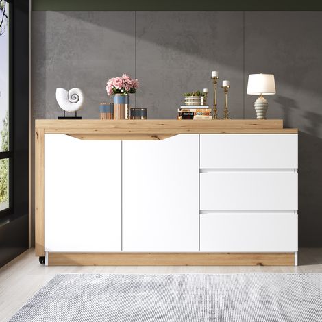 Bureau à roulettes verrouillables – design multifonctionnel, plateau pivotant de 4 cm d'épaisseur, verrouillable, blanc/chêne, bureau pliable, bureau d'angle, buffet, matériau épais (1/5)