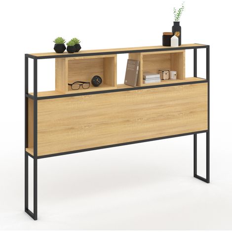 Idmarket – Tête de lit sur pied 165 cm bois et métal noir – Design industriel – Niche de rangement intégrée – Compatible lit 160 cm