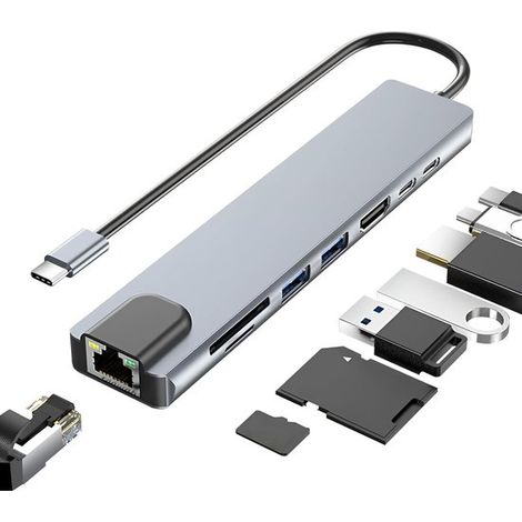 Hub USB-C 8 in 1,Adattatore da USB-C a HDMI 4K,Porta Ethernet RJ45,Ricarica rapida PD da 100 W,Lettore di schede SD/TF,USB 3.0/2.0 (1/5)