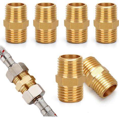 Lot de 6 raccords de tuyau de gaz - En laiton - Raccord rapide pour tuyau de gaz - 1/4" AG - Gauche - Double mamelon - Pour plomberie (1/5)