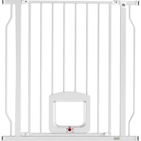 Barriera di sicurezza per cani con porticina per gatti 75-85 cm in acciaio bianco (1/3)