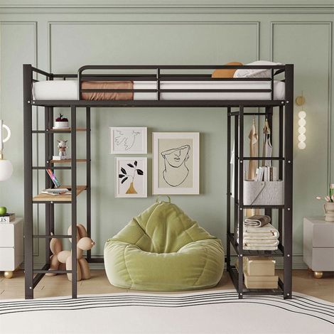 Lit mezzanine enfant 90 x 200 cm métal noir avec bureau, rangement et échelle (1/5)