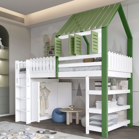 Lit mezzanine pour enfant avec barrière de sécurité, toit et fenêtre, grand espace de rangement avec armoire, étagère ouverte à trois niveaux, échelle à trois marches, pin+MDF+contreplaqué, blanc+vert