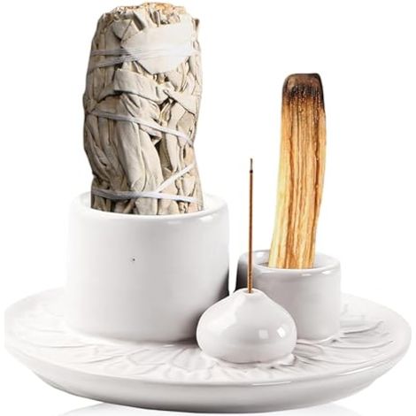 Porte-Encens, Bol D'encens 4 en 1 Brûleur D'encens Porte Encens en Céramique Support Palo Santo Plateau en Céramique Bruleur Encens Support pour Bâtons D'encens pour Le Yoga, Méditation (1/5)