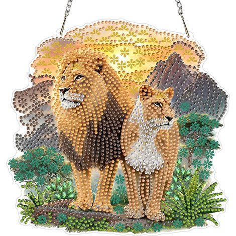 Diamantmalerei Anhänger Löwen-Paar mit Kette, doppelseitig, 20x20cm