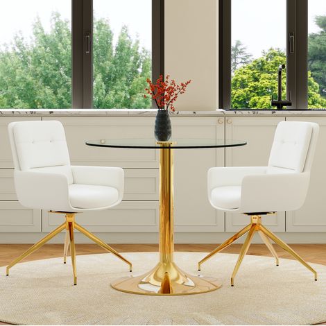 Conjunto de comedor de vidrio templado y metal, 2 plazas, blanco/oro, giratorio 360° (1/5)
