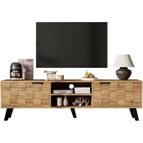 Meuble TV - SOGEU - 160,5x35,5x45 cm - 2 portes - 2 compartiments ouverts - Aspect bois (1/5)