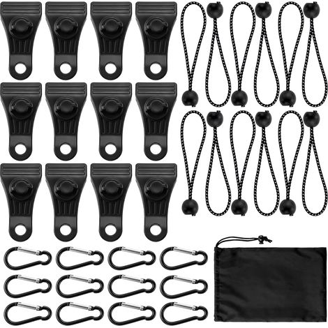 Lot de 37 clips de tente pour bâche, tendeurs de bâche, tendeurs, cordons élastiques, mousquetons, clips de fixation, kit de fixation pour hamac, accessoires de camping (1/5)