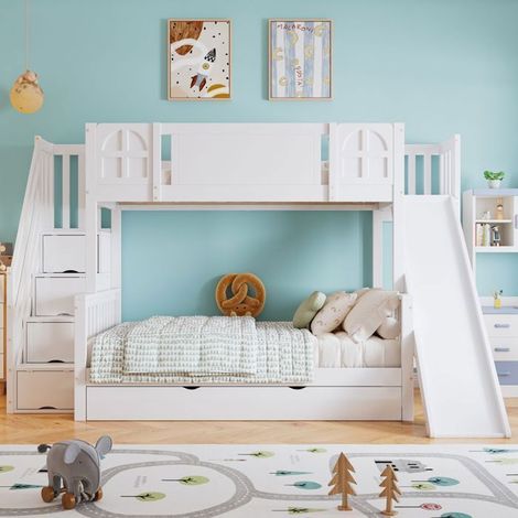 Lit Superposé 90x200cm avec Toboggan Fenêtres Escalier Rangement - lit double - Bois Massif Blanc Grand Tiroir Barrières de Sécurité