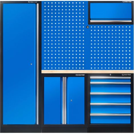 Demi mobilier d'atelier bleu – 2 panneaux perforés – Plateau en bois 35mm – Armoire et meuble bas avec tiroirs – Rangement efficace – King Tony (1/5)