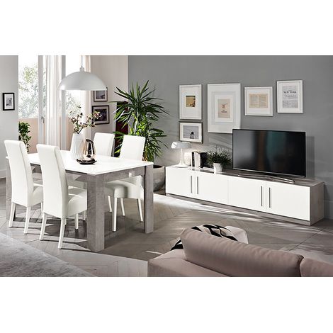 CLARK - Ensemble Salon Séjour Blanc et Marbre Meuble TV + Table 190cm (1/4)
