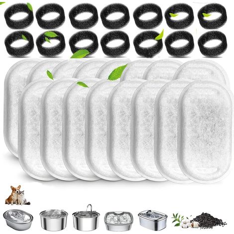 32 Pcs Filtre Fontaine Eau Chat, Acier Inoxydable 3.2L/2L 32 Pcs Filtre Fontaine Eau Chat, Filtres de Rechange 16 Charbon 16 Mousses, Acier Inoxydable 3.2L/2L (1/5)
