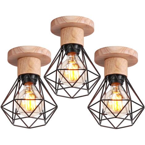 royaluxe- (3PCS)Plafonnier Rétro Luminaire Plafonnier Vintage Noir Plafonnier Moderne Plafonnier Intérieur Lampe De Plafond En Bois Et Métal