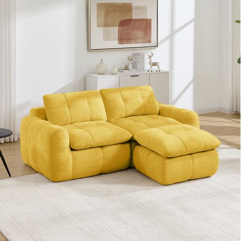 Sofá esquinero modular de 2 plazas en chenilla amarillo con otomana, asiento de 54 cm, diseño acolchado y base antideslizante (1/5)