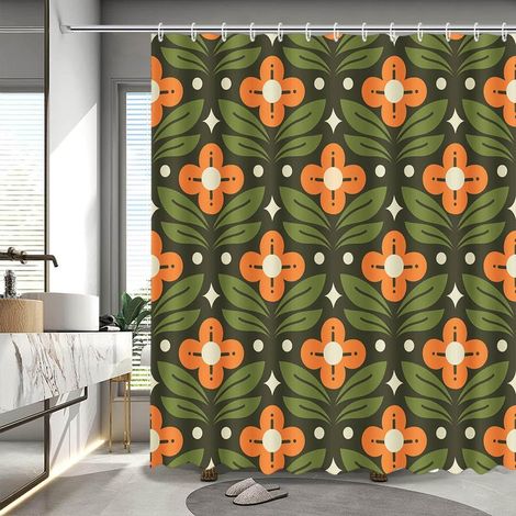 Rideau de douche vintage orange à motifs floraux verts, style moderne du milieu du siècle, abstrait et géométrique, style bohème rétro classique 195 (1/4)
