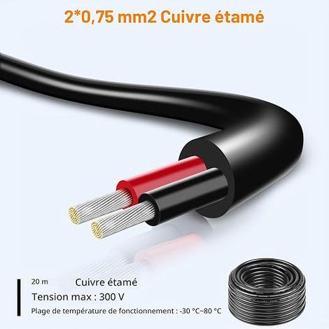 Câble électrique 18AWG 2x0,75mm² 20m, Fil Flexible en Cuivre Étamé à 2 Conducteurs, Tension Nominale 300V, Câble Basse Tension 5V 12V 24V bandes LED, Équipements Électriques et Projets de Câblage (1/4)
