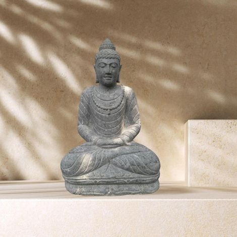 Sculpture de jardin en pierre volcanique de bouddha collier 1m (1/4)