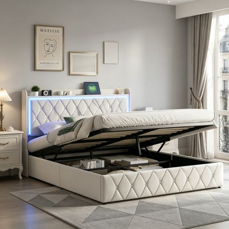 Lit coffre 140x190cm avec lumière LED,lit capitonné avec ports USB et Type-C,lit double avec espace de rangement,tête de lit en losange, sommier à lattes,lit adulte,lit ados,Velours,Beige