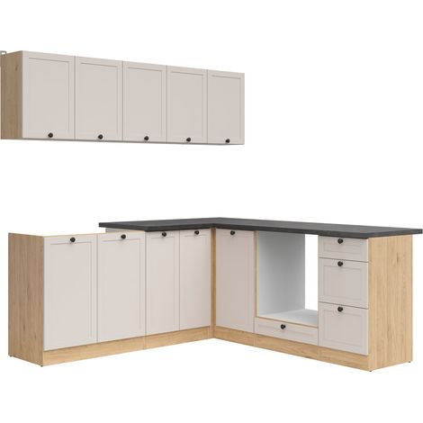 Cuisine d'angle complète 200x200 cm, Meubles de cuisine modulables coloris chêne Bernstein/Uni cachemire, plan de travail coloris noir inclus (1/5)