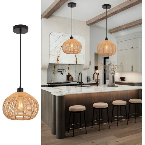 Rattan Chandelier - 25cm Boho Handwoven Ceiling Light with Adjustable Chain & Dimmable Function, Bamboo Pendant Lamp for Farmhouse Bedroom, Living Room, Dining Room (E27 Bulb Not Included) (1/5)